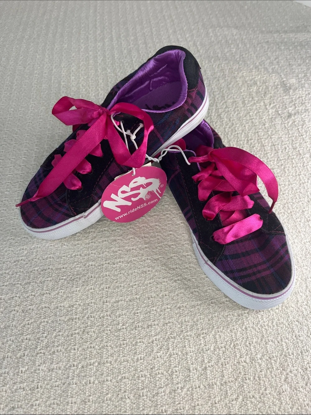 NSS Girls ribbon tie, plaid tennis shoes, NWT size 13, black purple pink vintage